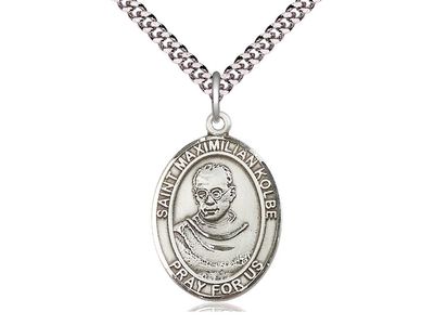 Sterling Silver St Maximilian Kolbe Pendant on a 24&quot; Light Rhodium Heavy Curb Chain