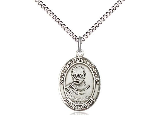 Sterling Silver St Maximilian Kolbe Pendant on a 18&quot; Light Rhodium Light Curb Chain