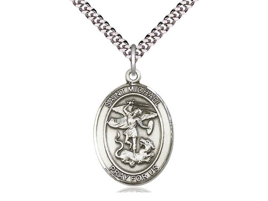 Sterling Silver St. Michael the Archangel on a 24&quot; Light Rhodium Heavy Curb Chain