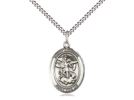 Sterling Silver St. Michael the Archangel on a 18&quot; Light Rhodium Light Curb Chain