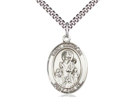 Sterling Silver St Nicholas Pendant on a 24&quot; Light Rhodium Heavy Curb Chain