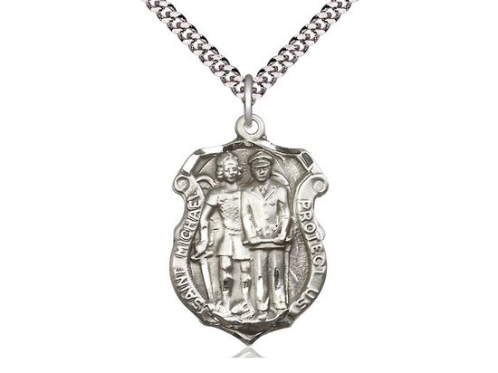 Sterling Silver St. Michael the Archangel Police Shield Pendant on a 24&quot; Light Rhodium Heavy Curb Chain