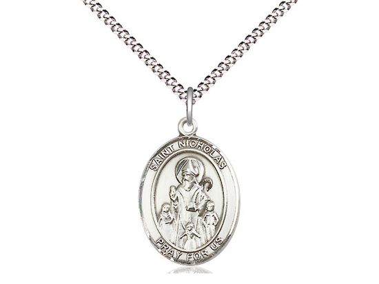 Sterling Silver St Nicholas Pendant on a 18&quot; Light Rhodium Light Curb Chain