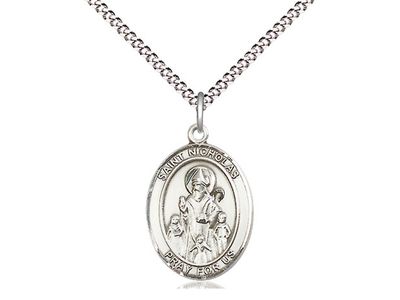 Sterling Silver St Nicholas Pendant on a 18&quot; Light Rhodium Light Curb Chain