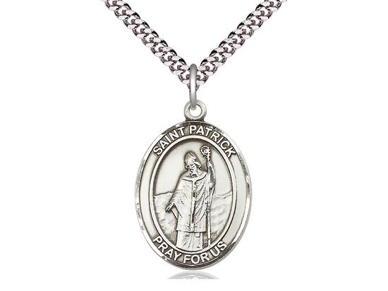 Sterling Silver St Patrick Pendant on a 24&quot; Light Rhodium Heavy Curb Chain