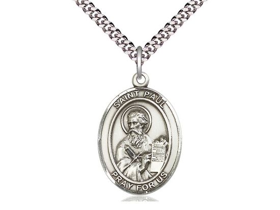 Sterling Silver St Paul the Apostle Pendant on a 24&quot; Light Rhodium Heavy Curb Chain