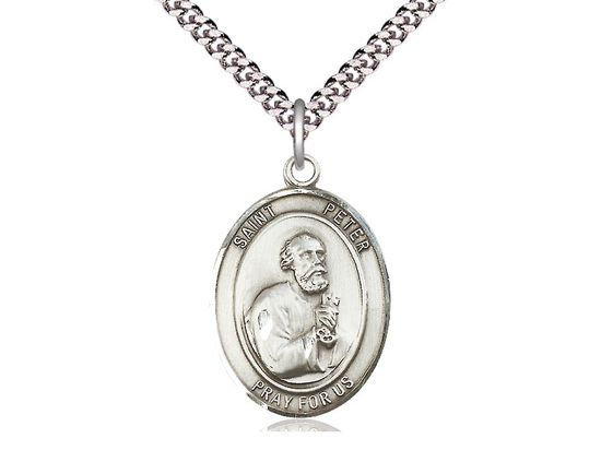 Sterling Silver St Peter the Apostle Pendant on a 24&quot; Light Rhodium Heavy Curb Chain