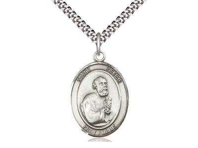 Sterling Silver St Peter the Apostle Pendant on a 24&quot; Light Rhodium Heavy Curb Chain