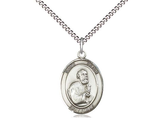 Sterling Silver St Peter the Apostle Pendant on a 18&quot; Light Rhodium Light Curb Chain