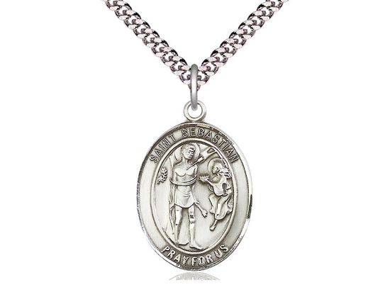 Sterling Silver St Sebastian Pendant on a 24&quot; Light Rhodium Heavy Curb Chain