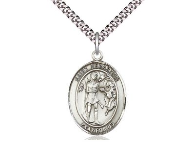 Sterling Silver St Sebastian Pendant on a 24&quot; Light Rhodium Heavy Curb Chain