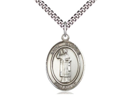 Sterling Silver St Stephen the Martyr Pendant on a 24&quot; Light Rhodium Heavy Curb Chain