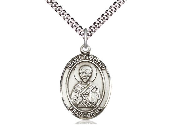 Sterling Silver St Timothy Pendant on a 24&quot; Light Rhodium Heavy Curb Chain