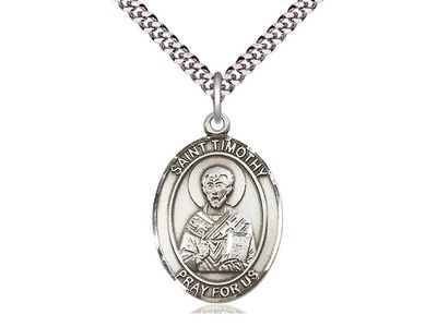 Sterling Silver St Timothy Pendant on a 24&quot; Light Rhodium Heavy Curb Chain