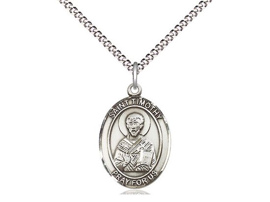 Sterling Silver St Timothy Pendant on a 18&quot; Light Rhodium Light Curb Chain