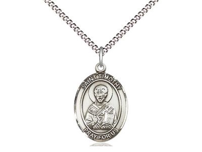 Sterling Silver St Timothy Pendant on a 18&quot; Light Rhodium Light Curb Chain