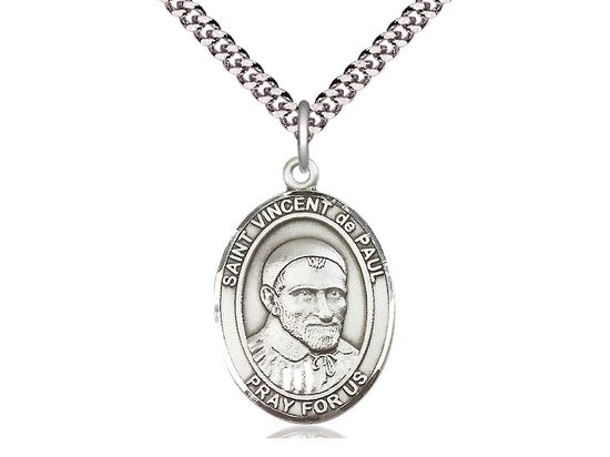 Sterling Silver St Vincent de Paul Pendant on a 24&quot; Light Rhodium Heavy Curb Chain