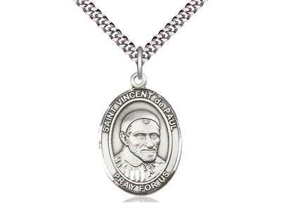 Sterling Silver St Vincent de Paul Pendant on a 24&quot; Light Rhodium Heavy Curb Chain