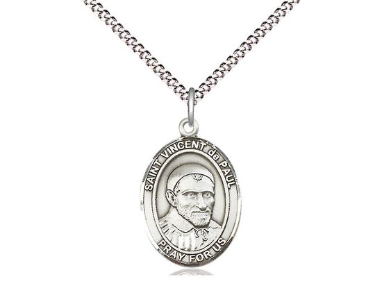 Sterling Silver St Vincent de Paul Pendant on a 18&quot; Light Rhodium Light Curb Chain