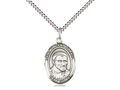 Sterling Silver St Vincent de Paul Pendant on a 18&quot; Light Rhodium Light Curb Chain