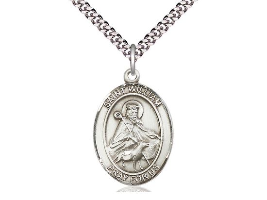 Sterling Silver St William of Rochester Pendant on a 24&quot; Light Rhodium Heavy Curb Chain