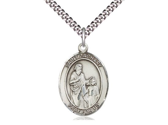 Sterling Silver St Zachary Pendant on a 24&quot; Light Rhodium Heavy Curb Chain.