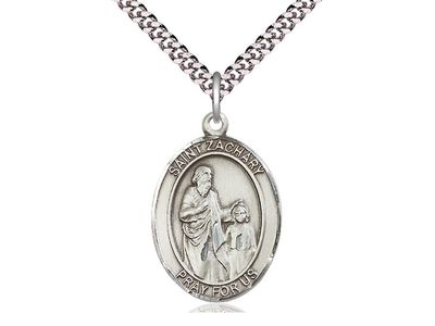 Sterling Silver St Zachary Pendant on a 24&quot; Light Rhodium Heavy Curb Chain.