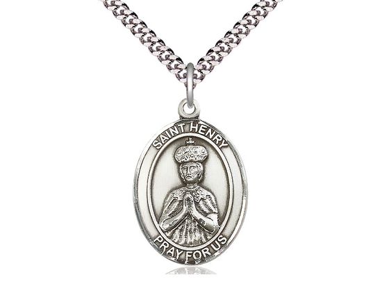 Sterling Silver St Henry II Pendant on a 24&quot; Light Rhodium Heavy Curb Chain