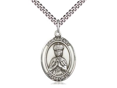 Sterling Silver St Henry II Pendant on a 24&quot; Light Rhodium Heavy Curb Chain