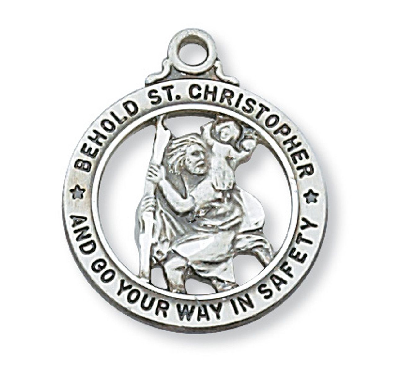 Sterling Silver St. Christopher Medal Open Round on 20&quot; Stainless Steel Chain