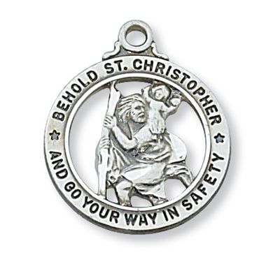 Sterling Silver St. Christopher Medal Open Round on 20&quot; Stainless Steel Chain