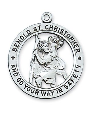 Sterling Silver St. Christopher Medal Open Round on 24&quot; Stainless Steel Chain