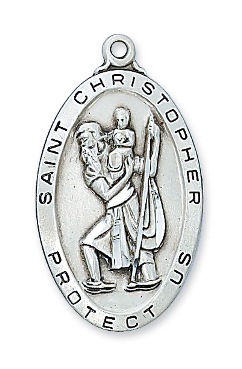 Sterling Silver St. Christopher Long Medal on 24&quot; Stainless Steel Chain