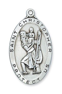 Sterling Silver St. Christopher Long Medal on 24&quot; Stainless Steel Chain