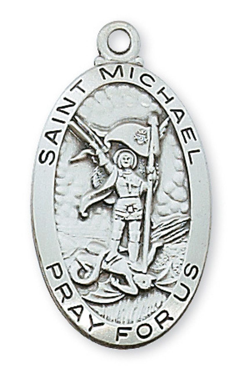 Sterling Silver St. Michael Long Medal on 24&quot; Stainless Steel Chain