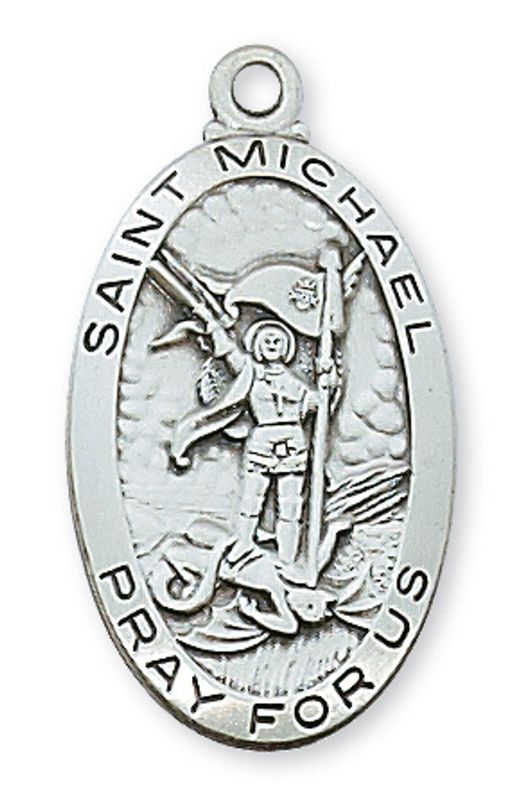 Sterling Silver St. Michael Long Medal on 24&quot; Stainless Steel Chain