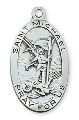 Sterling Silver St. Michael Long Medal on 24&quot; Stainless Steel Chain