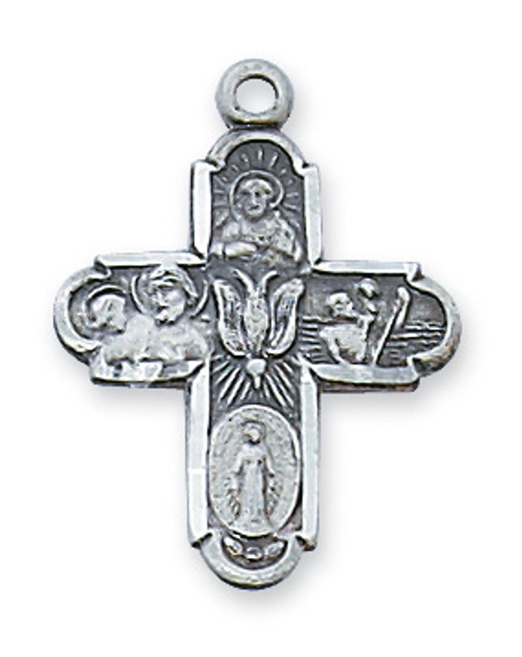 Sterling Silver 4-Way Medal on 18&quot; Rhodium Plated Chain