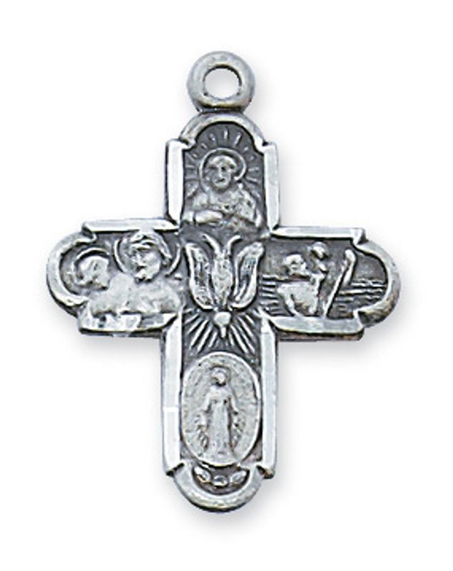 Sterling Silver 4-Way Medal on 18&quot; Rhodium Plated Chain