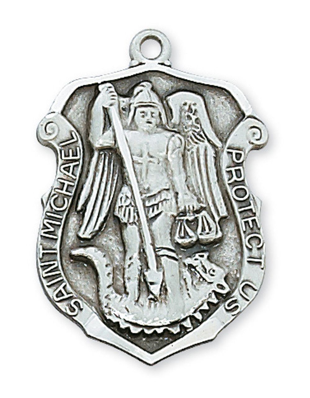 Sterling Silver St. Michael Badge Medal on 24&quot; Stainless Steel Chain