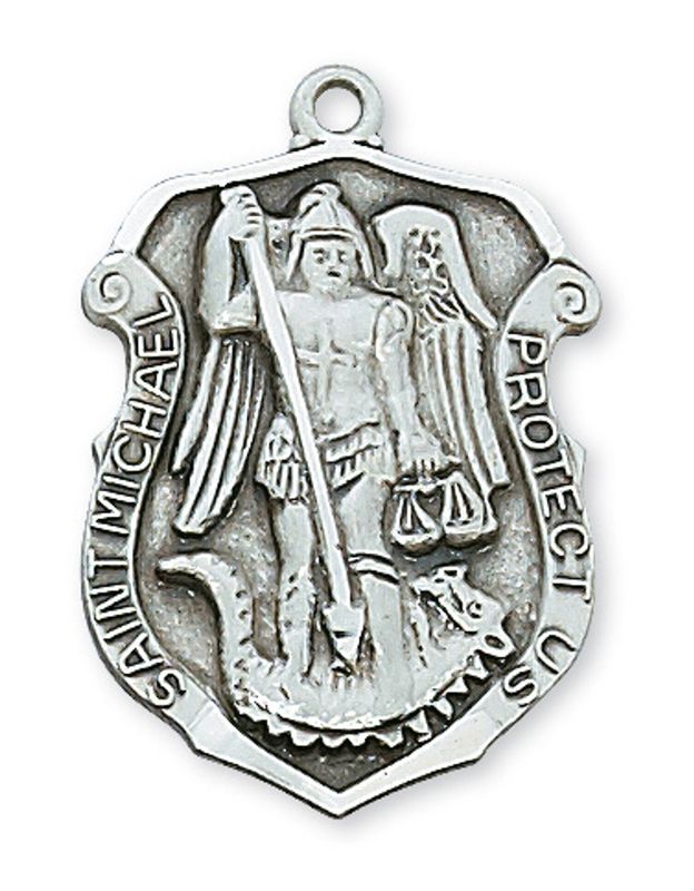 Sterling Silver St. Michael Badge Medal on 24&quot; Stainless Steel Chain