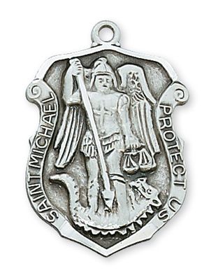 Sterling Silver St. Michael Badge Medal on 24&quot; Stainless Steel Chain