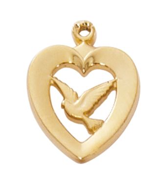 Gold Over Sterling Silver Heart Dove Medal on 16-18&quot; Gold Over Brass Chain