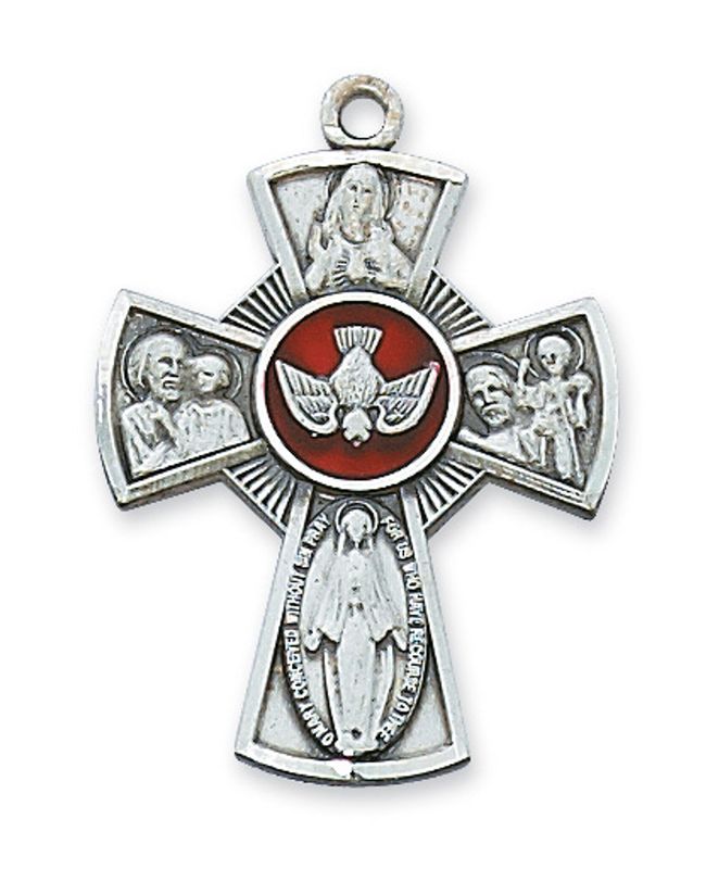 Sterling Silver 4-Way Enameled Medal on 24&quot; Stainless Steel Chain