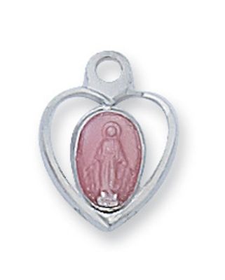 Sterling Silver Pink Enamel Miraculous Medal on 16&quot; Rhodium Plated Chain
