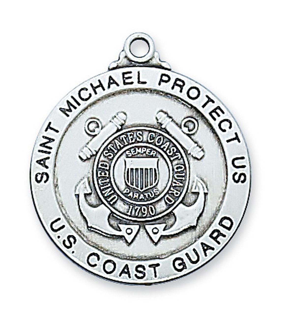 Sterling Silver Coast Guard Service Medal on 24&quot; Stainless Steel Chain