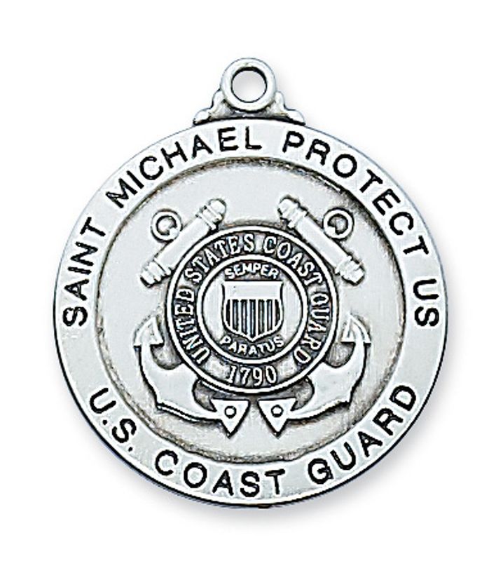 Sterling Silver Coast Guard Service Medal on 24&quot; Stainless Steel Chain