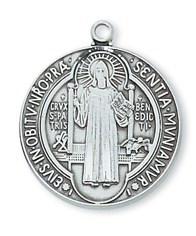 Sterling Silver St. Benedict Medal on 24&quot; Stainless Steel Chain