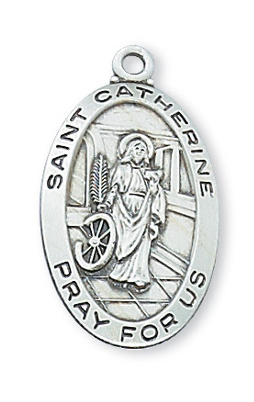 Sterling Silver St. Catherine Medal on 18&quot; Rhodium Plated Chain