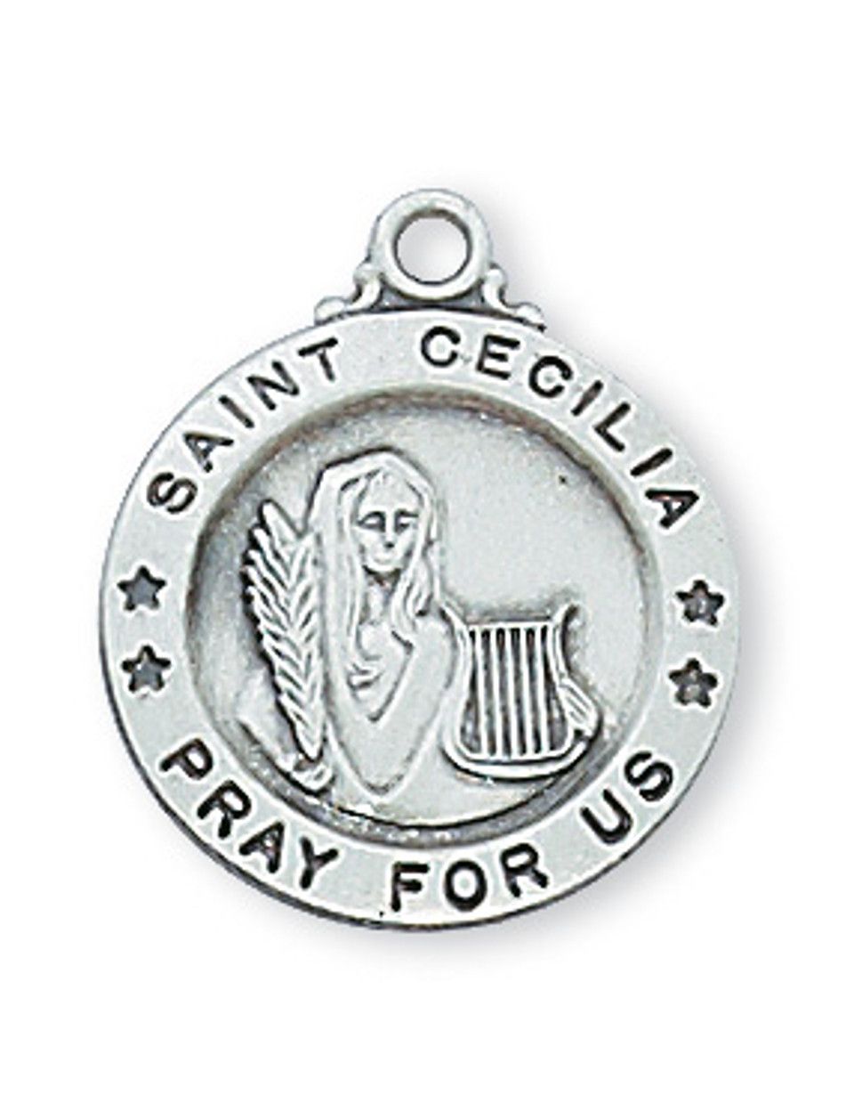 Sterling Silver St. Cecilia Round Medal on 18&quot; Stainless Steel Chain